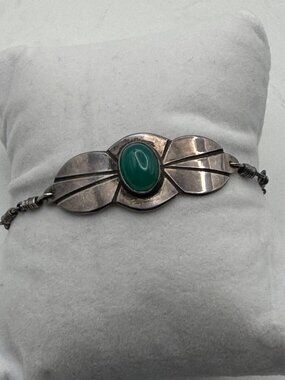 Vintage Sterling Silver Green Cabochon Bracelet 7” Modernist Wire Link